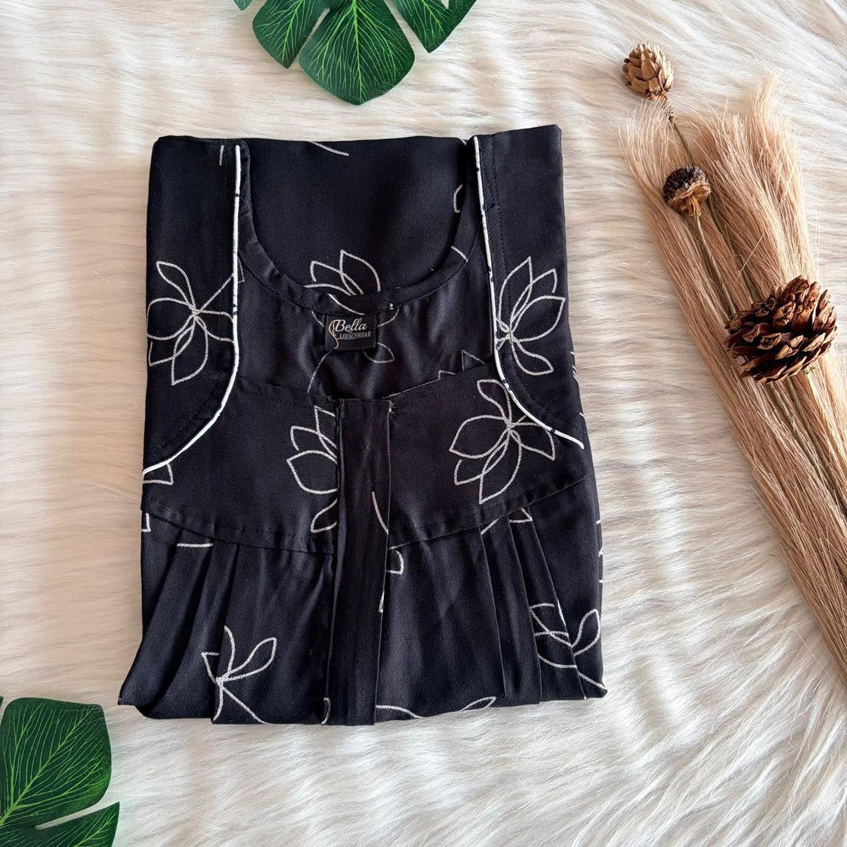 Black Floral Printed Alfine Plus Size Pleated Zip Nighty | Chest Width 50″| Length 54″-56″