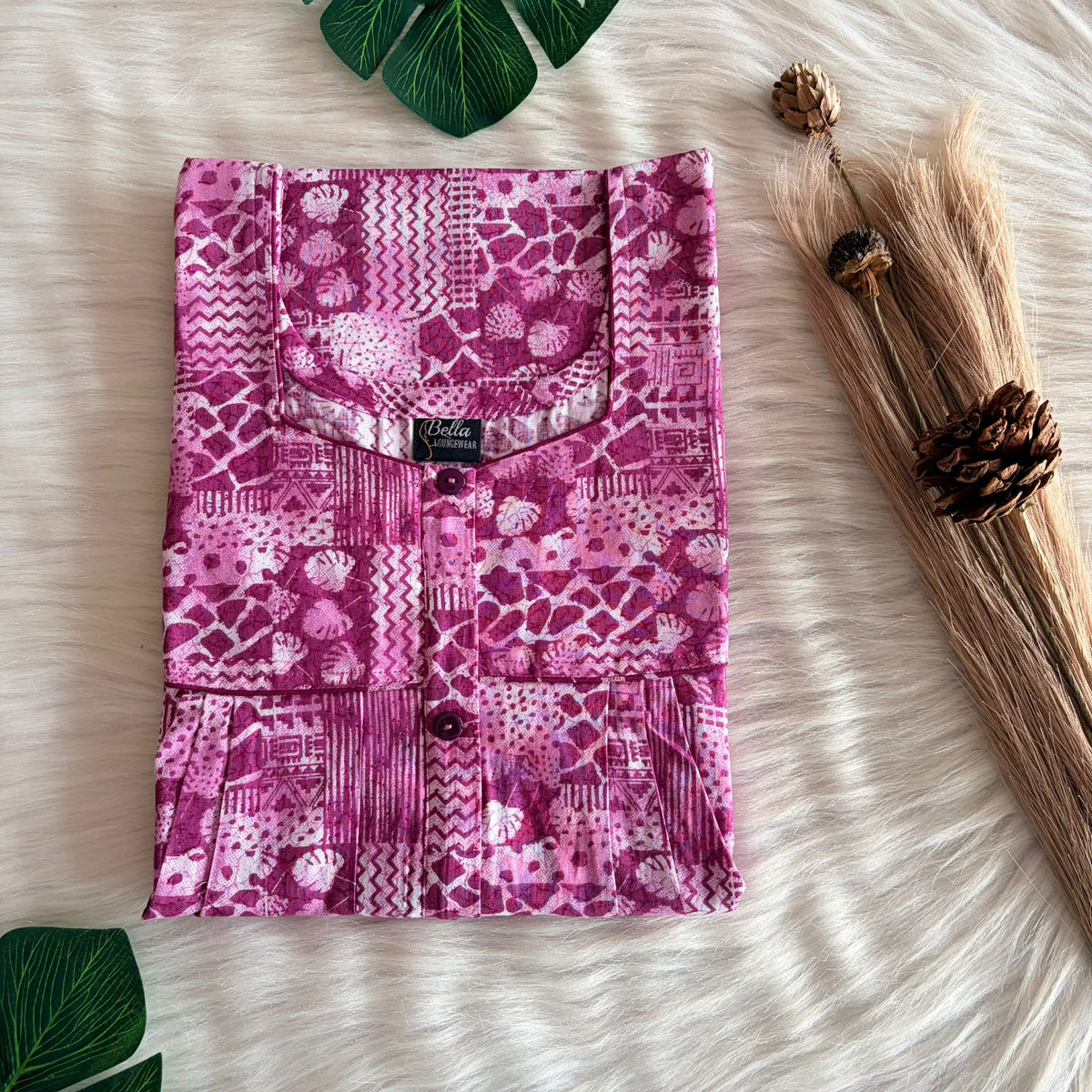 Mauve Pink Printed Premium Cotton Button Zip Nighty | Free Size | Chest Width 44″| Length 55″-56″