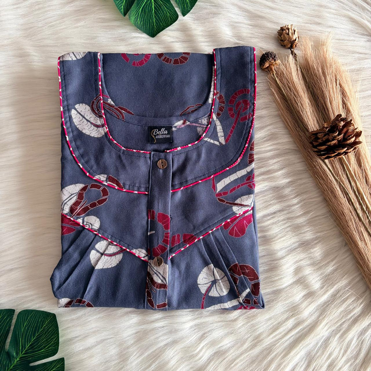 Grey Printed Alfine Long Zip Feeding Nighty | Free Size | Chest Width 44″| Length 56″