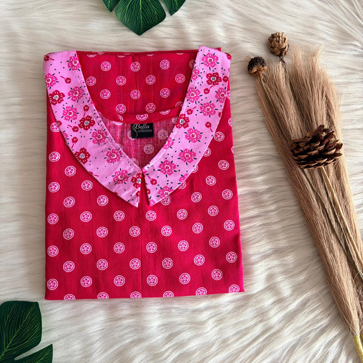 Pale And Dark Pink Printed Premium Cotton Peter Pan Collar Nighty | Free Size | Chest Width 44″| Length 55″-56″