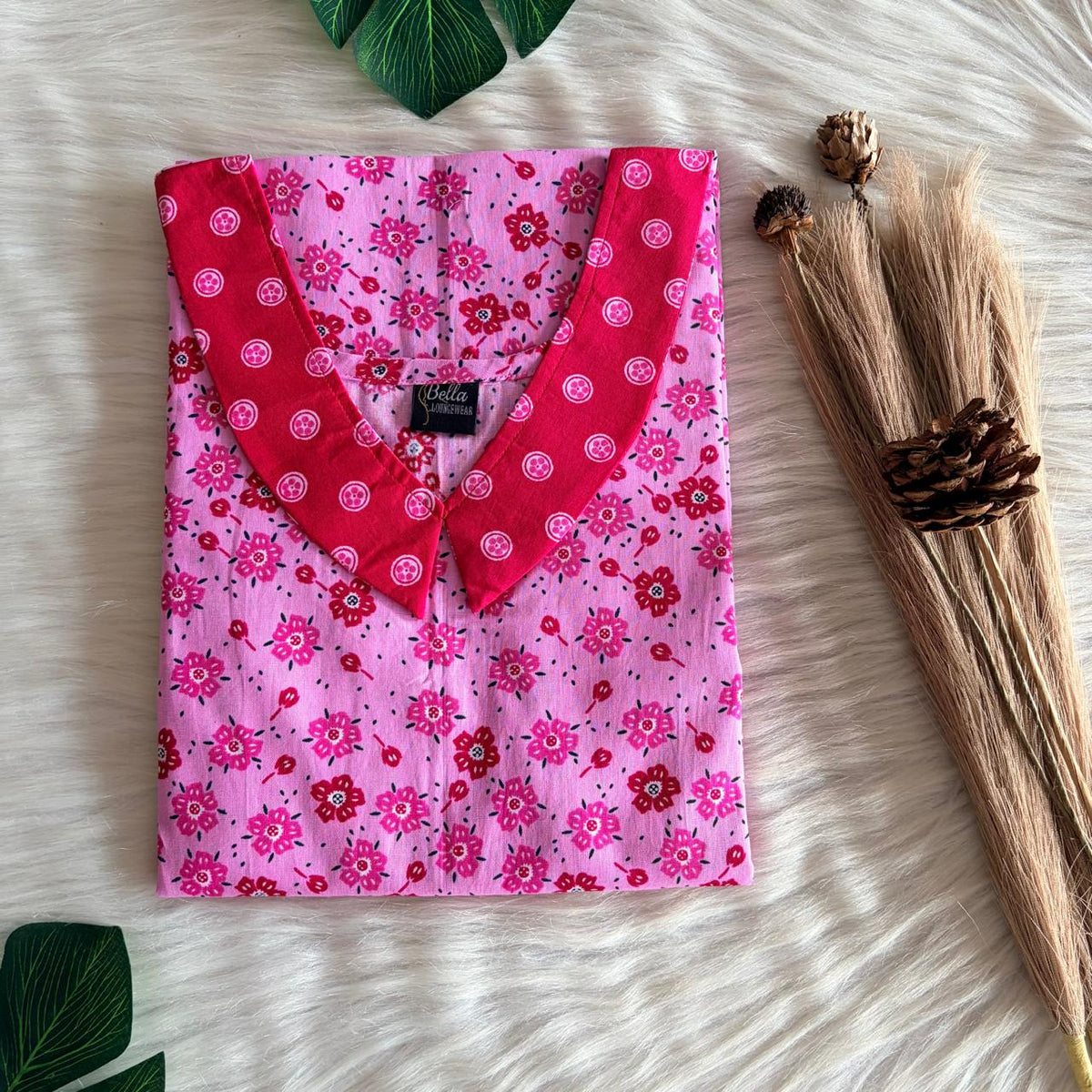 Dark And Pale Pink Floral Printed Premium Cotton Peter Pan Collar Nighty | Free Size | Chest Width 44″| Length 55″-56″