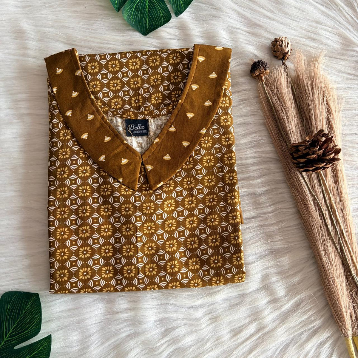 Olive Green And White Printed Premium Cotton Peter Pan Collar Nighty | Free Size | Chest Width 44″| Length 55″-56″