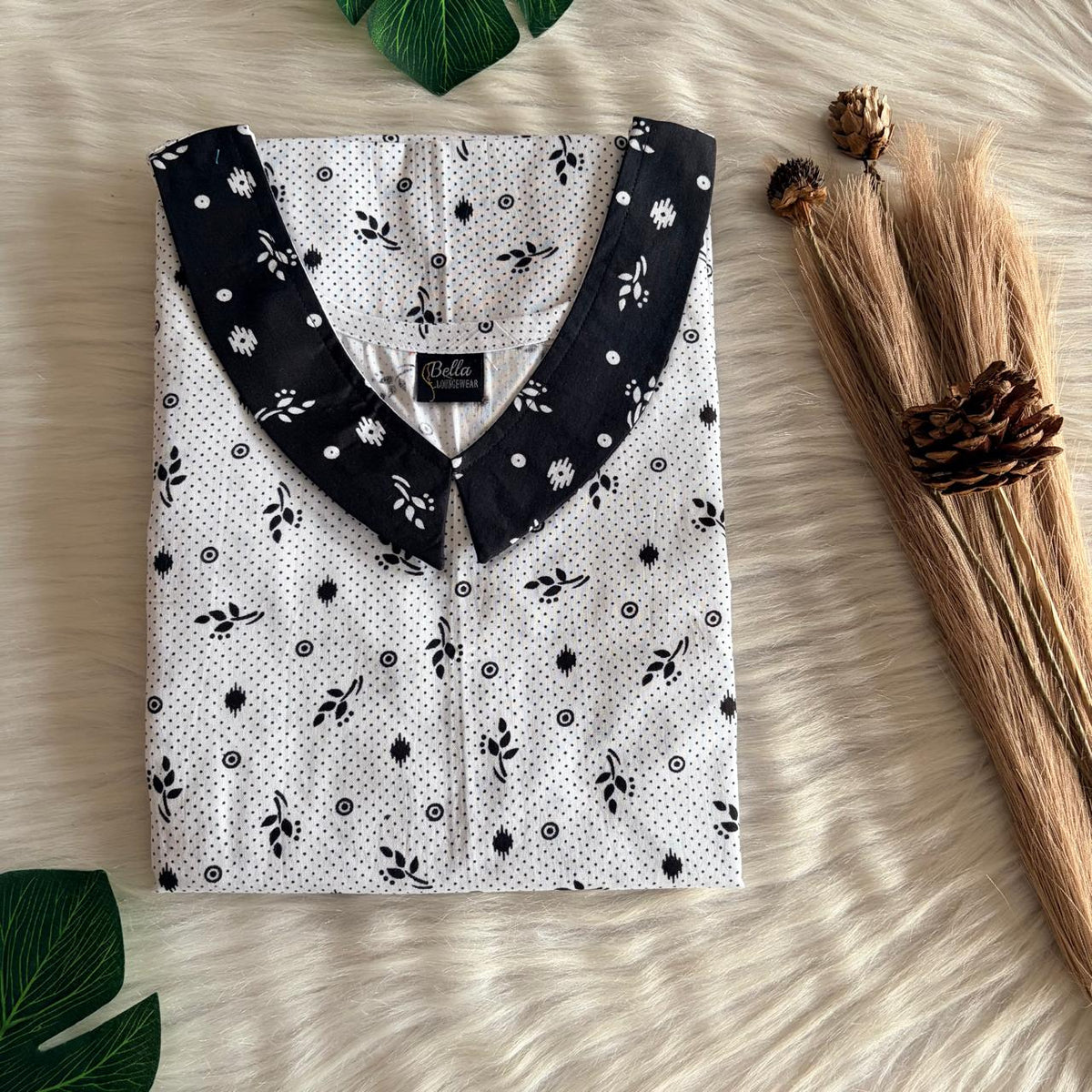 Black And White Floral Printed Premium Cotton Peter Pan Collar Nighty | Free Size | Chest Width 44″| Length 55″-56″