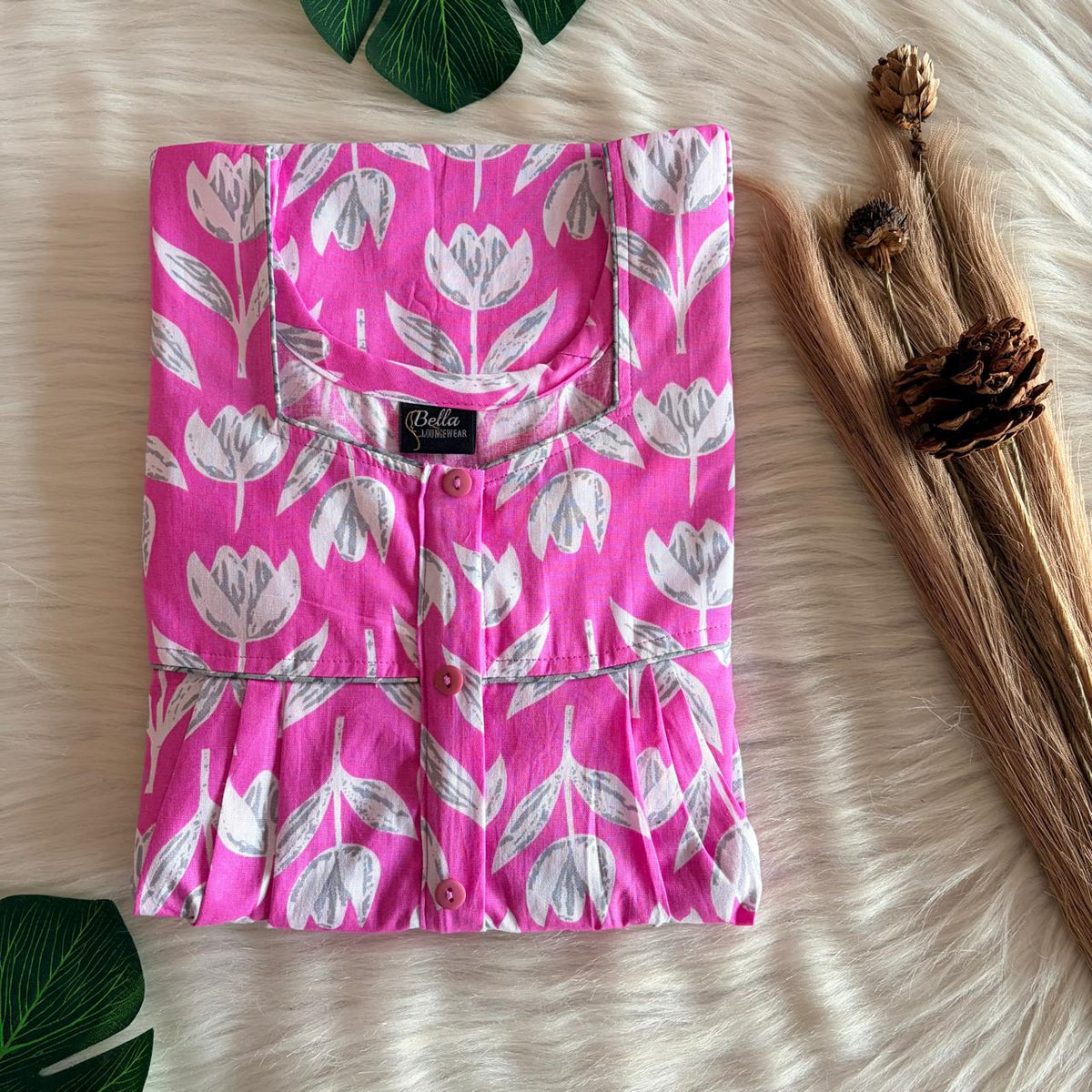 Pink And White Floral Printed Premium Cotton Button Zip Nighty | Free Size | Chest Width 44″| Length 55″-56″