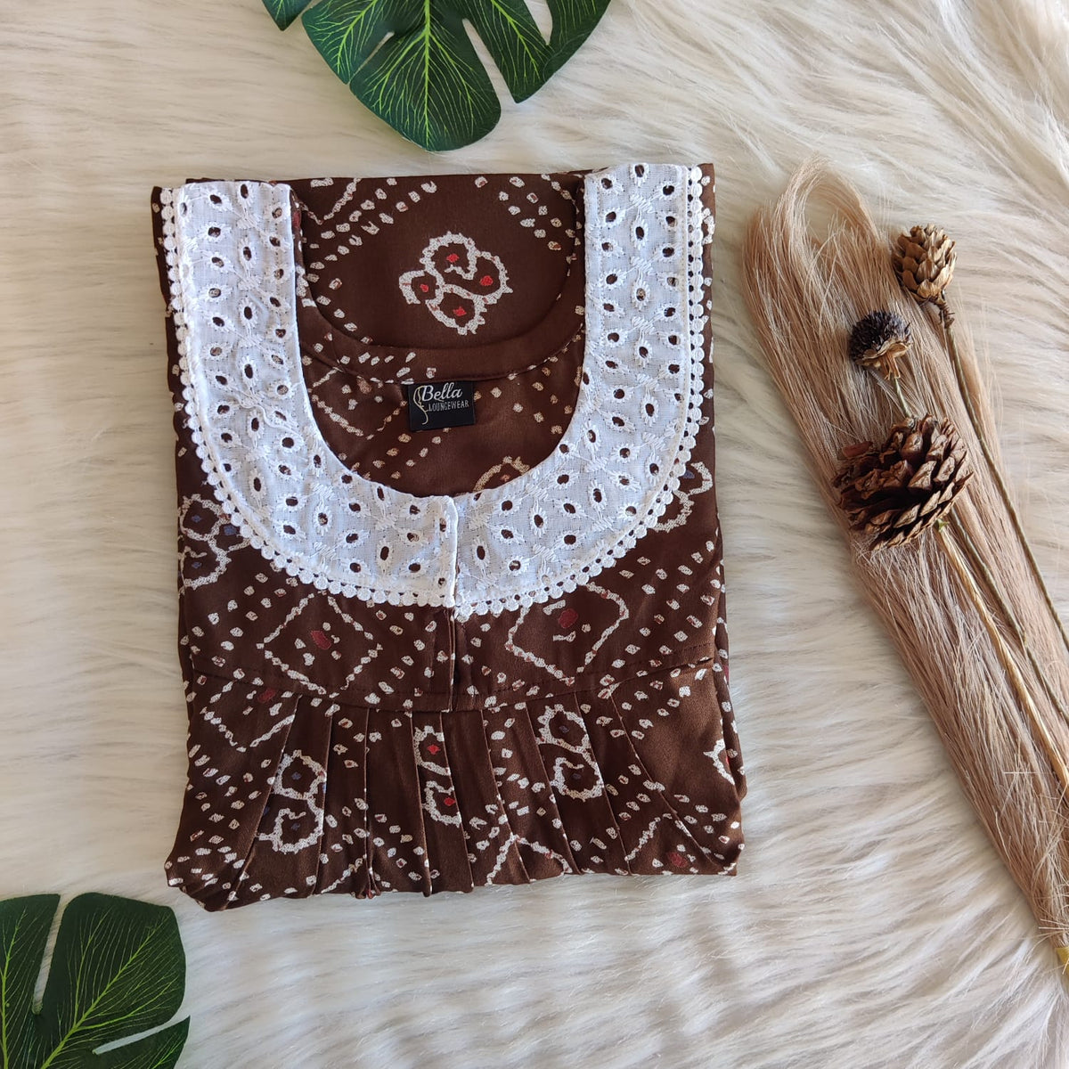 Coffee Brown Printed Alfine Plus Size Hakoba Lace Nighty | Chest Width 50″| Length 56″