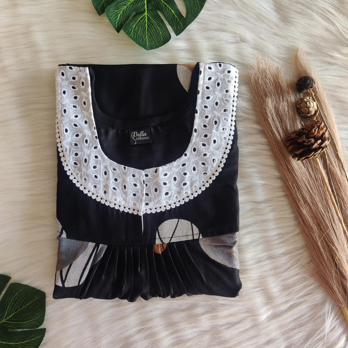 Black Printed Alfine Plus Size Hakoba Lace Nighty | Chest Width 50″| Length 56″