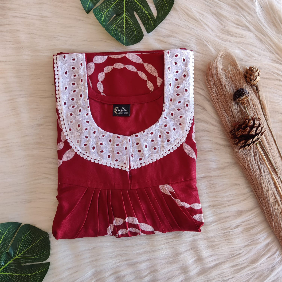 Maroon Printed Alfine Plus Size Hakoba Lace Nighty | Chest Width 50″| Length 56″