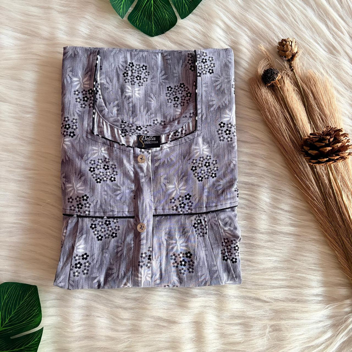 Grey Floral Printed Premium Cotton Button Zip Nighty | Free Size | Chest Width 44″| Length 55″-56″