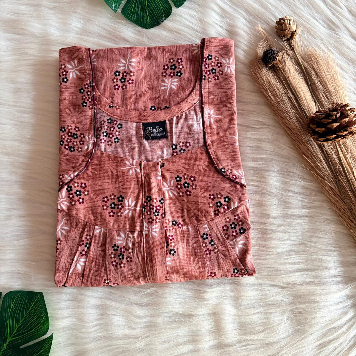 Brown Floral Printed Premium Cotton Pleated Zip Nighty | Free Size | Chest Width 44″| Length 54″-55″