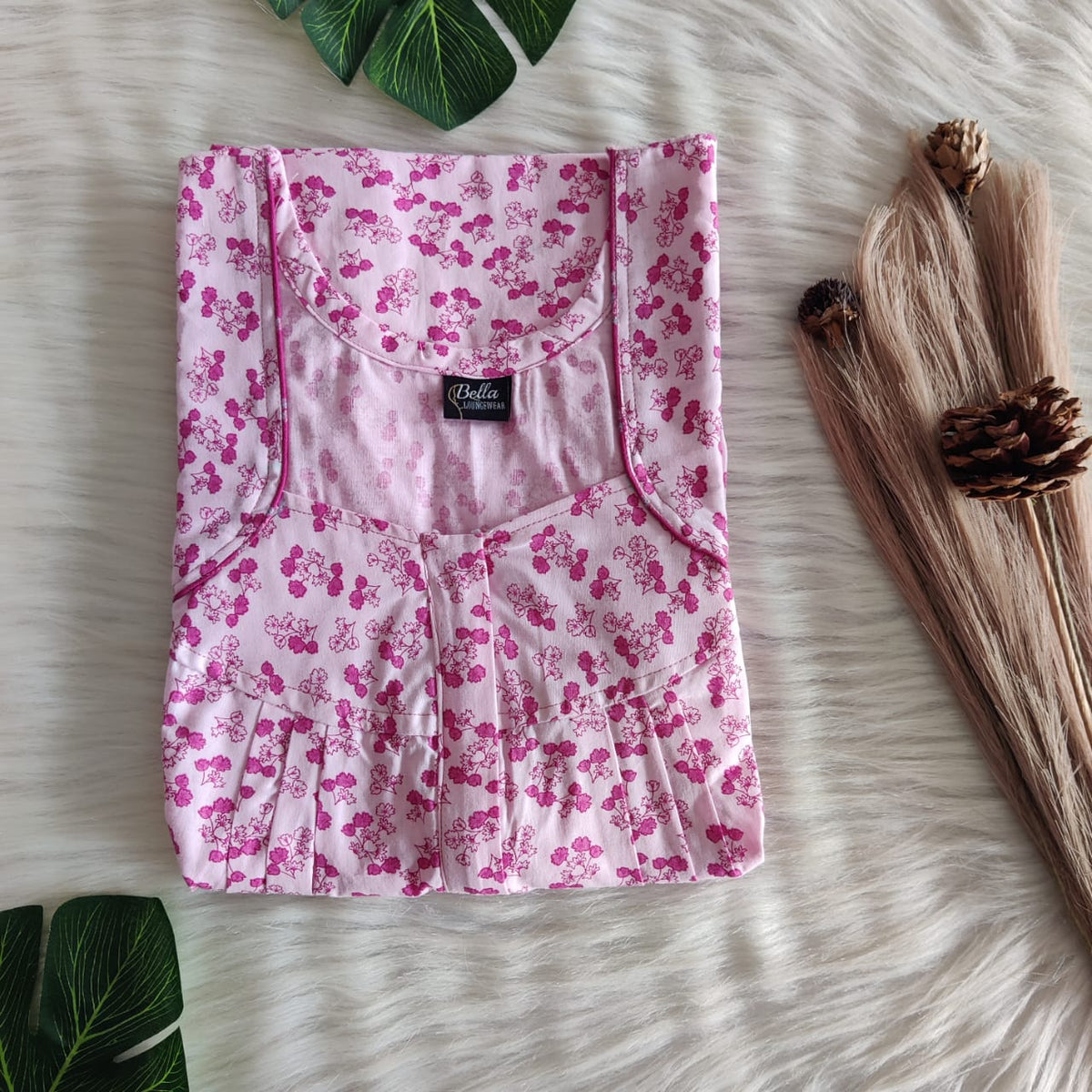 Pink Floral Printed Pure Cotton Pleated Zip Nighty | Free Size | Chest Width 44″| Length 54″-55″