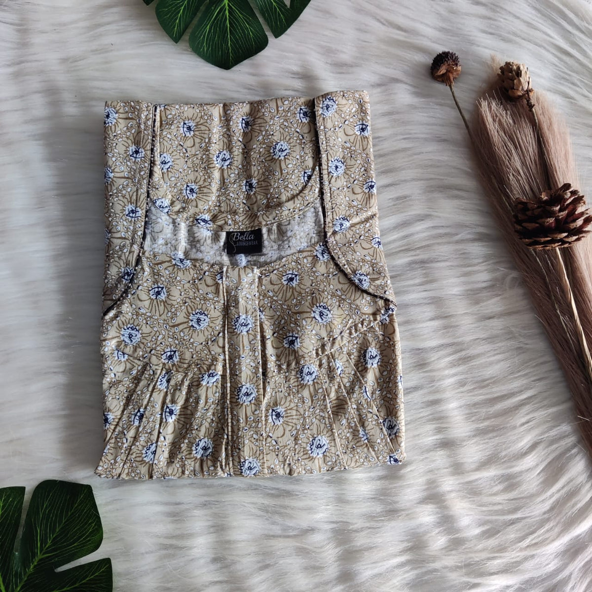 Brown Floral Printed Premium Cotton Pleated Zip Nighty | Free Size | Chest Width 44″| Length 54″-55″