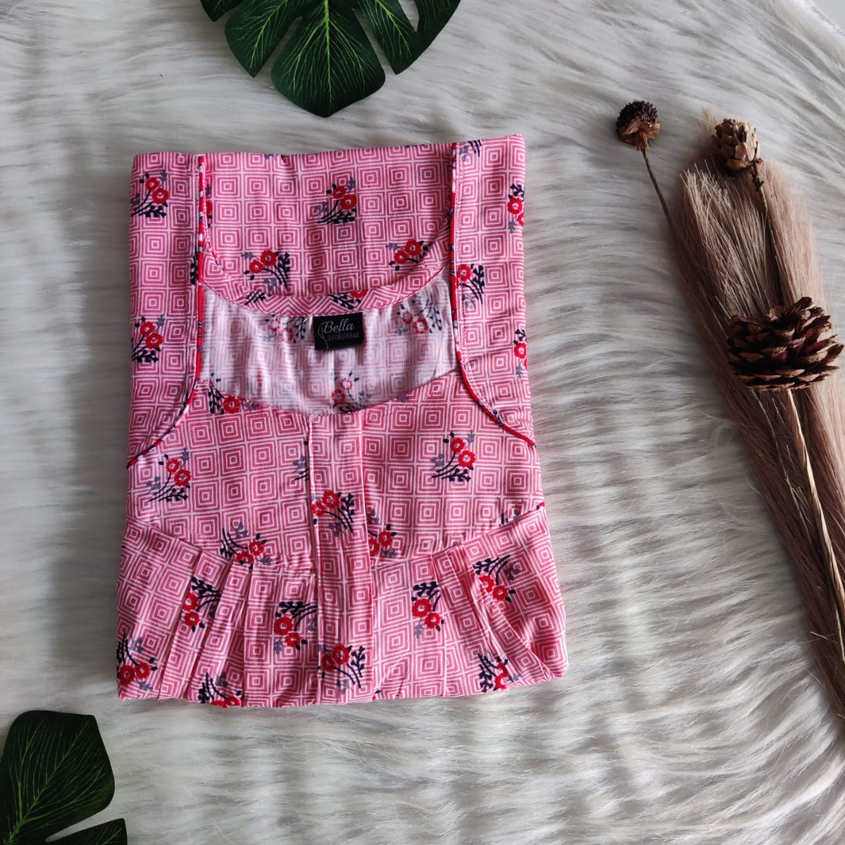 Peach Floral Printed Premium Cotton Pleated Zip Nighty | Free Size | Chest Width 44″| Length 54″-55″