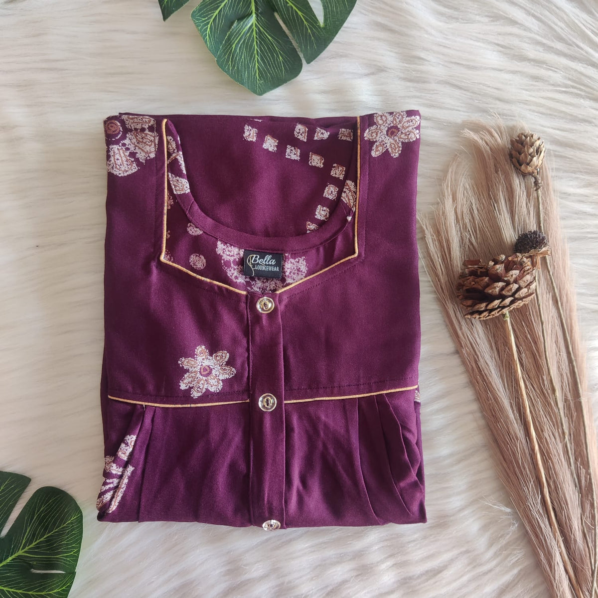 Wine Printed Alfine 60 Inch Length Button Zip Nighty | Free Size | Chest Width 44″|