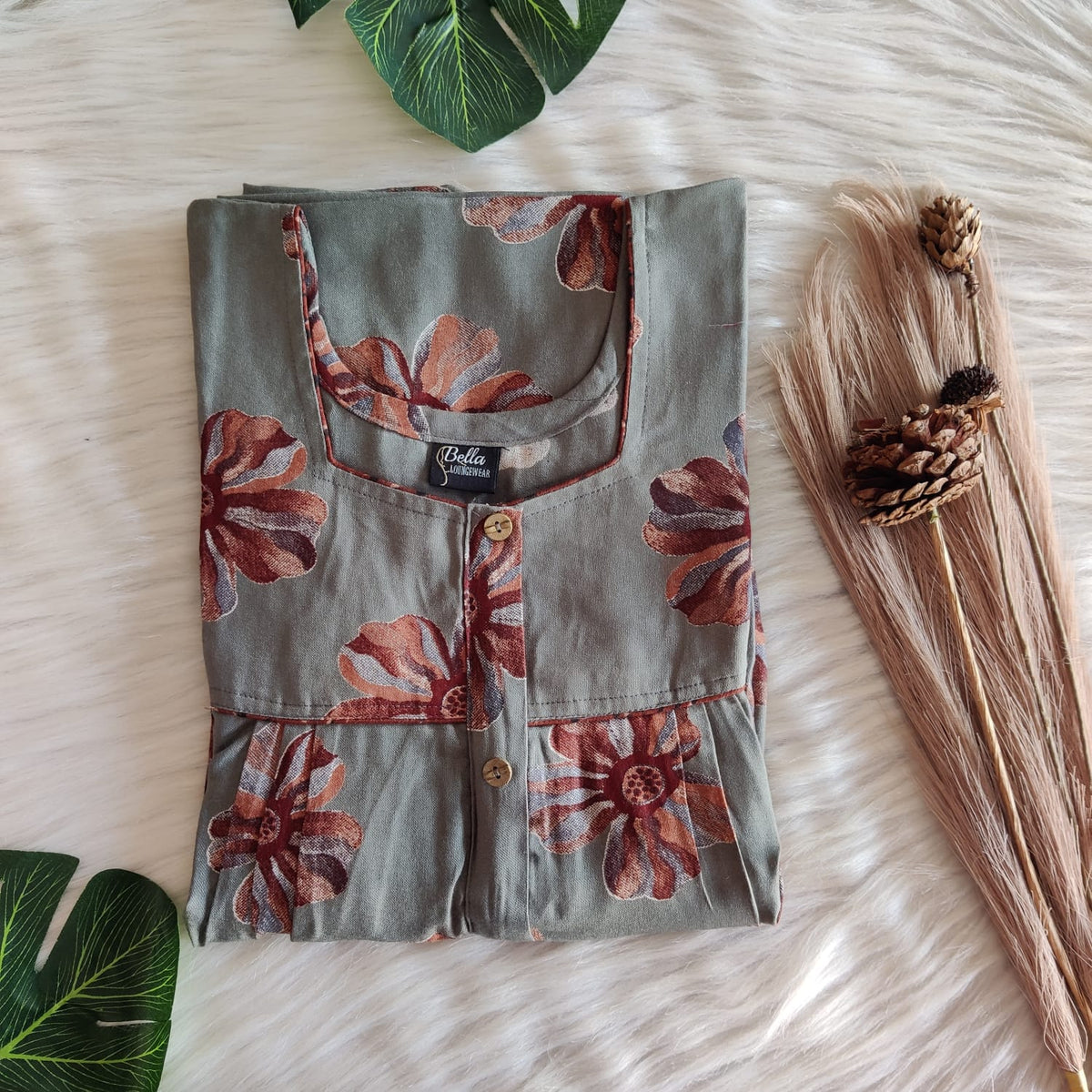 Pastel Green And Brown Floral Printed Alfine Button Zip Nighty | Free Size | Chest Width 44″| Length 54″-56″