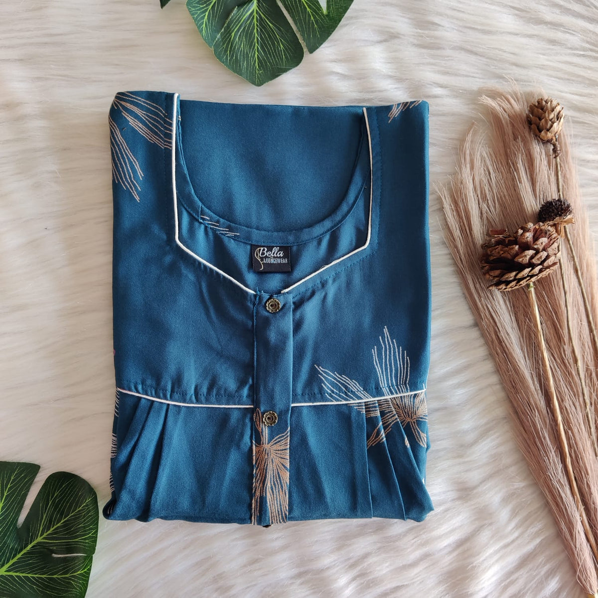 Teal Blue Printed Alfine Button Zip Nighty | Free Size | Chest Width 44″| Length 54″-56″