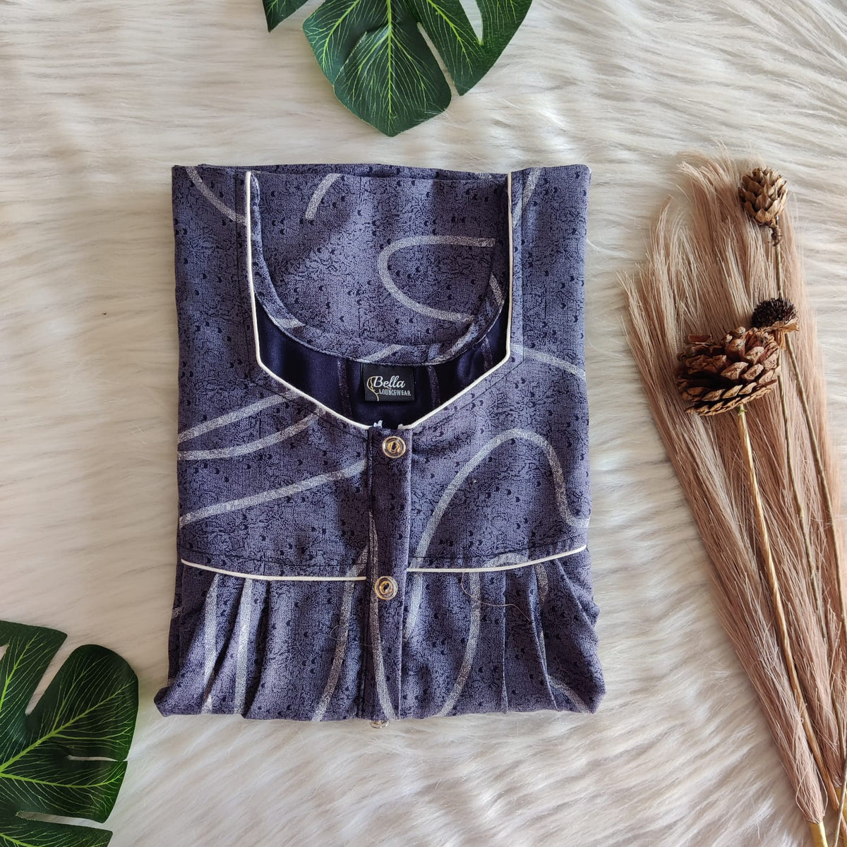 Navy-Blue And Grey Printed Alfine Button Zip Nighty | Free Size | Chest Width 44″| Length 54″-56″