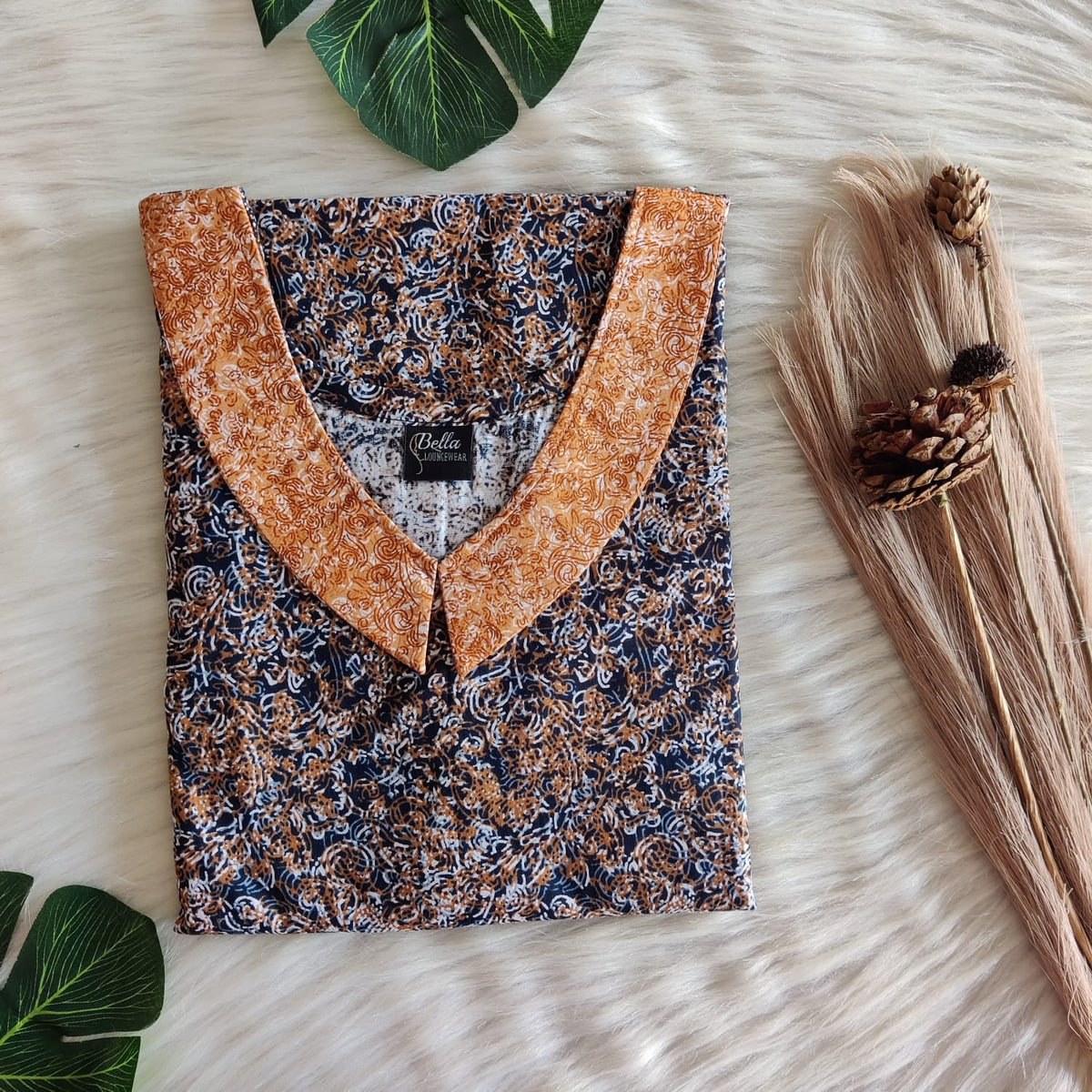 Brown And Navy- Blue Printed Premium Cotton Peter Pan Collar Nighty | Free Size | Chest Width 44″| Length 55″-56″