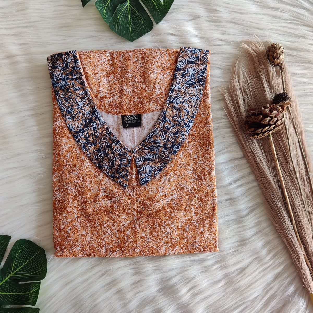 Navy-Blue And Brown Printed Premium Cotton Peter Pan Collar Nighty | Free Size | Chest Width 44″| Length 55″-56″