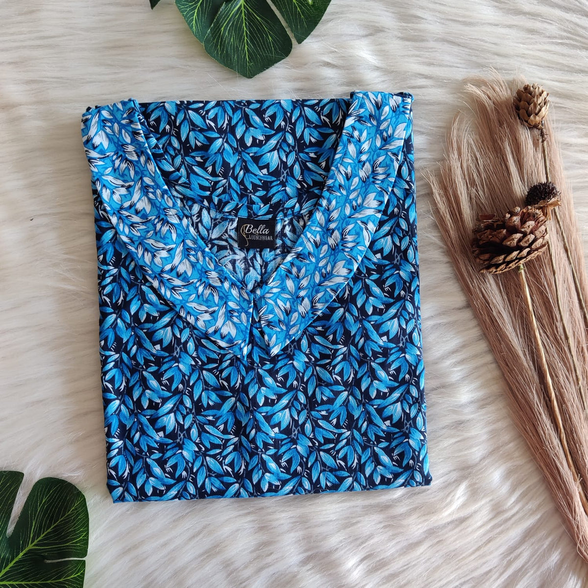 Pale And Dark Blue Leaf Printed Premium Cotton Peter Pan Collar Nighty | Free Size | Chest Width 44″| Length 55″-56″