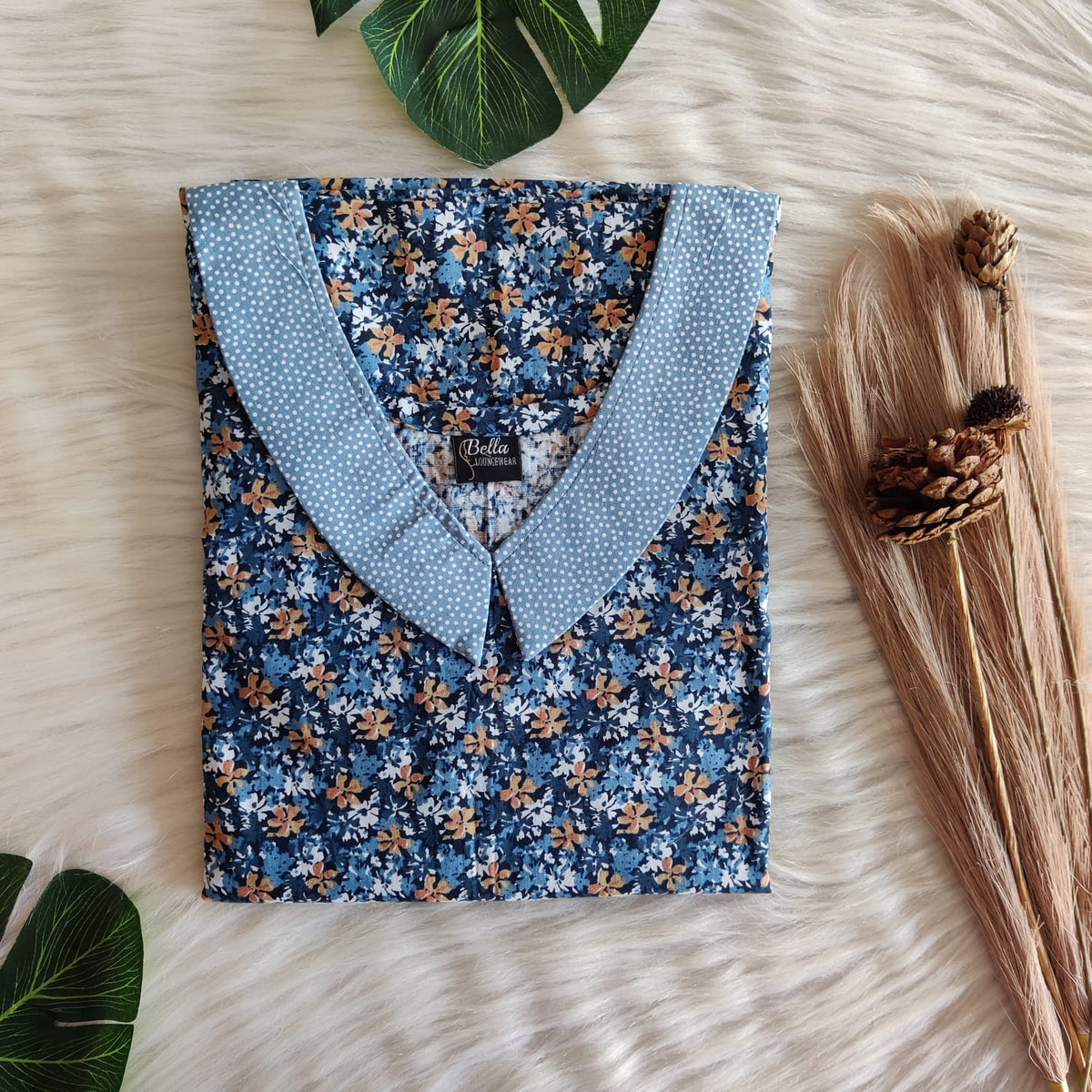 Blue And Cream Floral Printed Premium Cotton Peter Pan Collar Nighty | Free Size | Chest Width 44″| Length 55″-56″