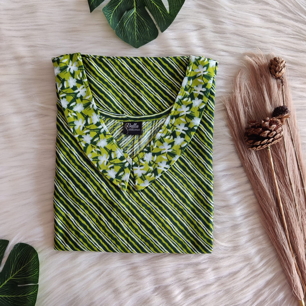 White And Green Stripes Printed Premium Cotton Peter Pan Collar Nighty | Free Size | Chest Width 44″| Length 55″-56″