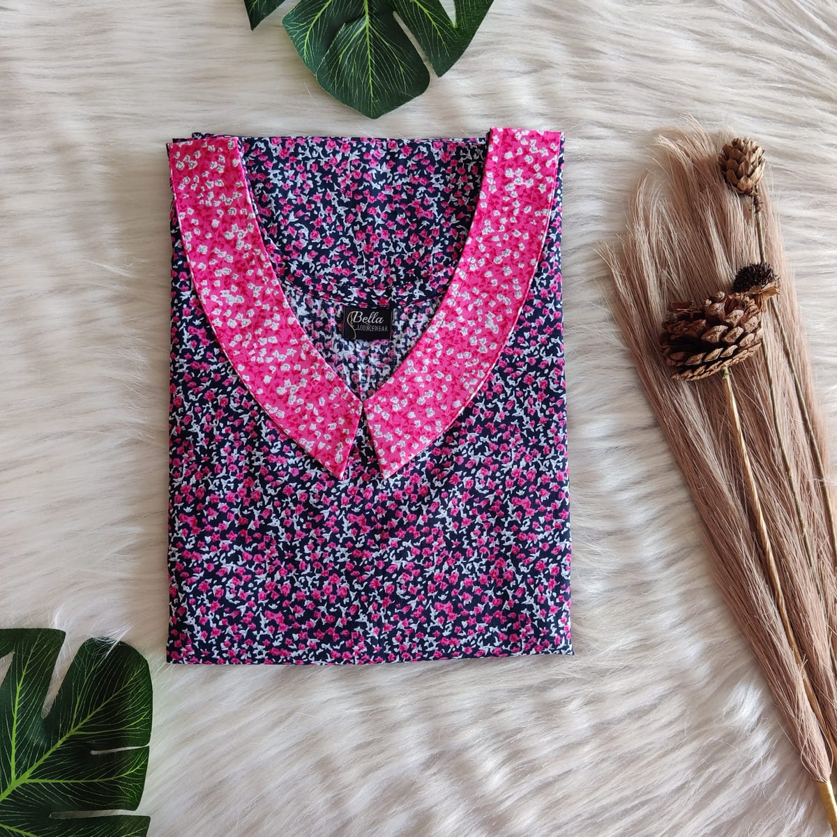 Pink And Navy-Blue Floral Printed Premium Cotton Peter Pan Collar Nighty | Free Size | Chest Width 44″| Length 55″-56″