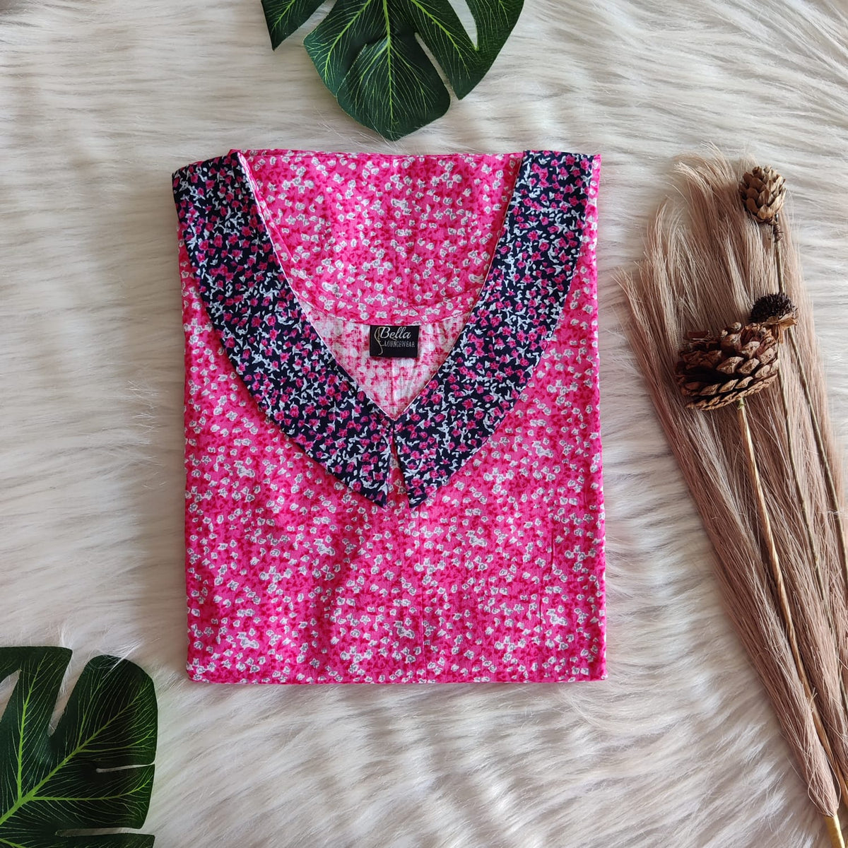 Navy-Blue And Pink Floral Printed Premium Cotton Peter Pan Collar Nighty | Free Size | Chest Width 44″| Length 55″-56″