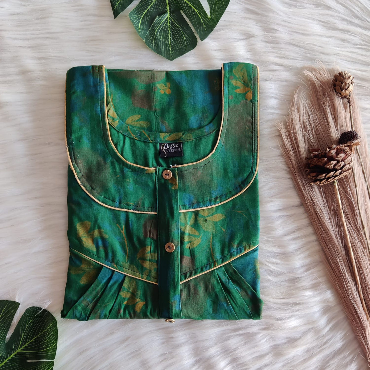 Green Printed Discharge Cotton Long Zip Pleated Nighty | Chest Width 44″ | Length 56″