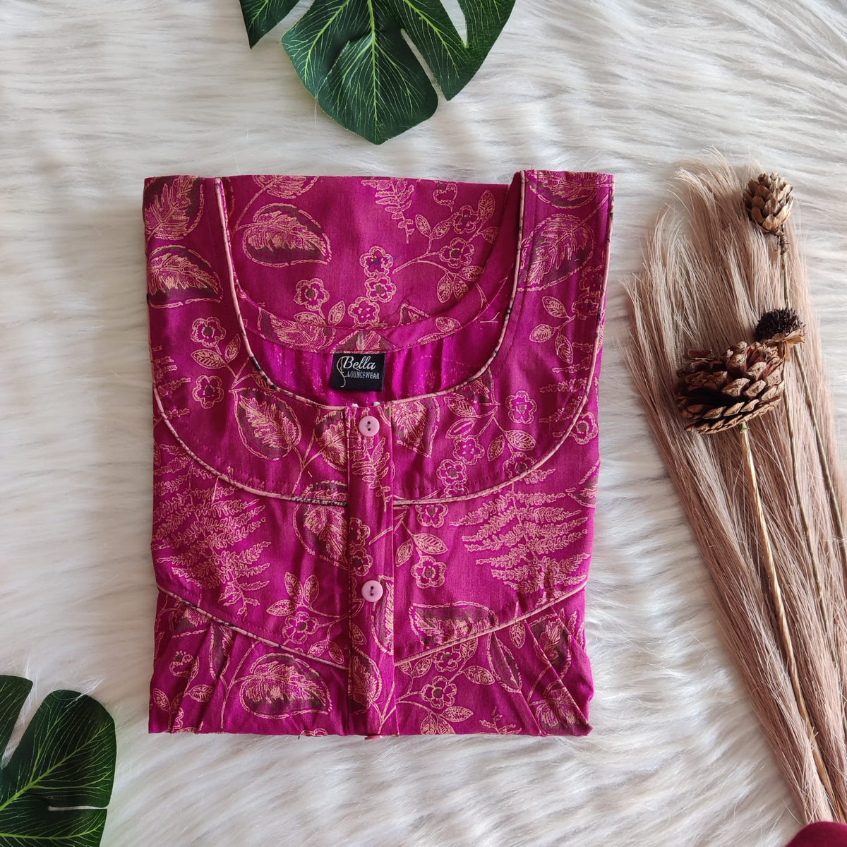 Pink And Cream Leaf Printed Discharge Cotton Long Zip Pleated Nighty | Chest Width 44″ | Length 56″