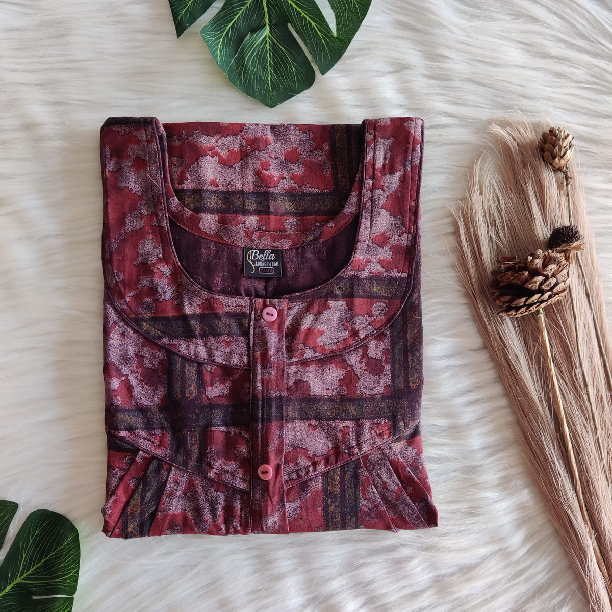 Brown Printed Discharge Cotton Long Zip Pleated Nighty | Chest Width 44″ | Length 56″