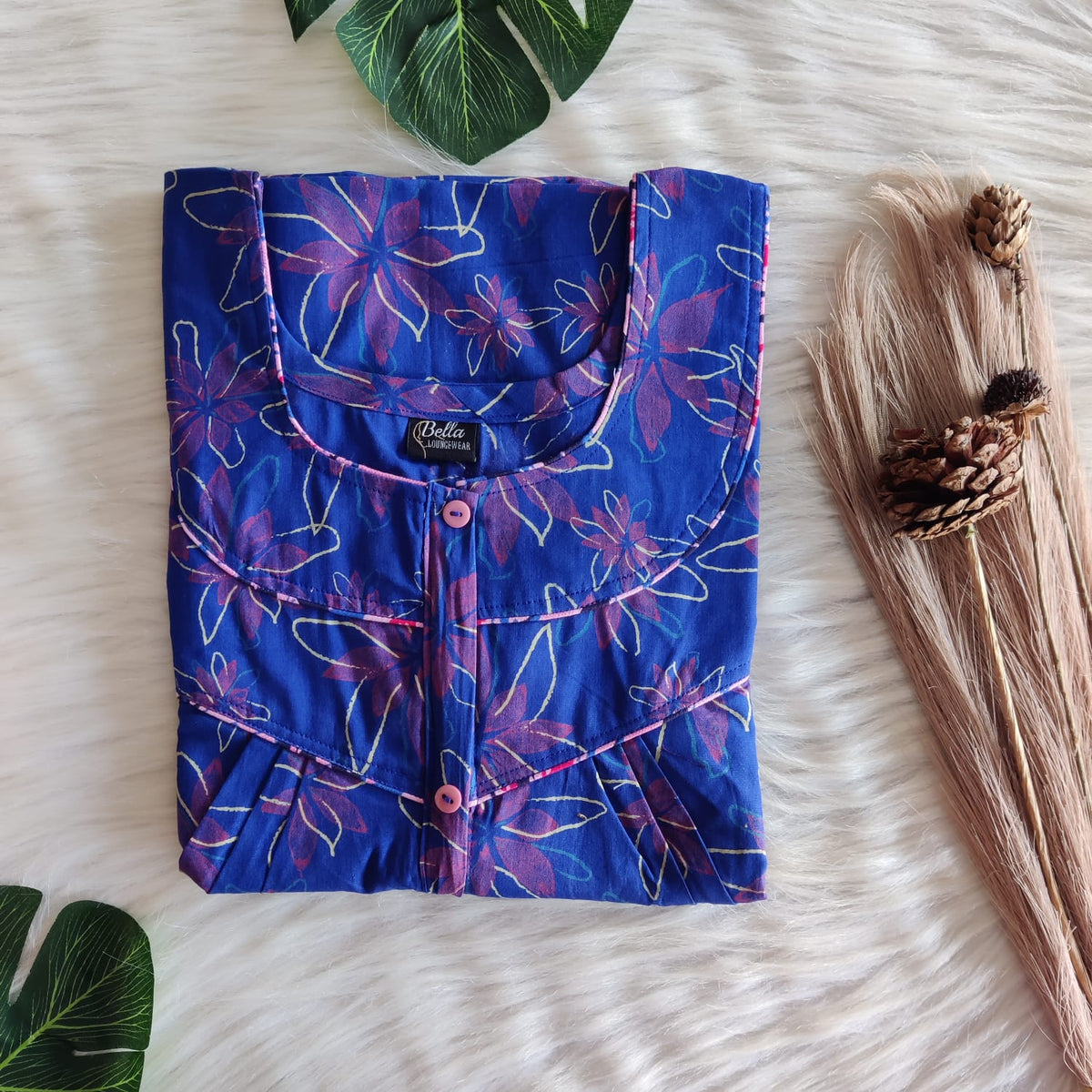 Blue Printed Discharge Cotton Long Zip Pleated Nighty | Chest Width 44″ | Length 56″