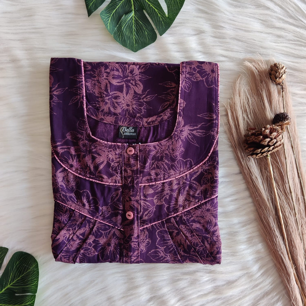 Wine Printed Discharge Cotton Long Zip Pleated Nighty | Chest Width 44″ | Length 56″