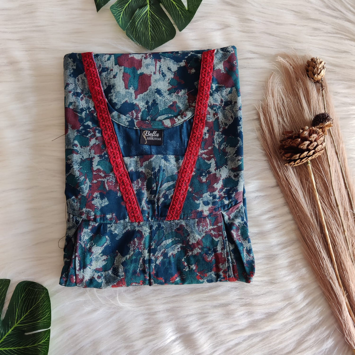 Green And Red Printed Discharge Cotton Two Side Vertical Lace Zip Feeding Nighty | Free Size | Chest Width 44″| Length 56″