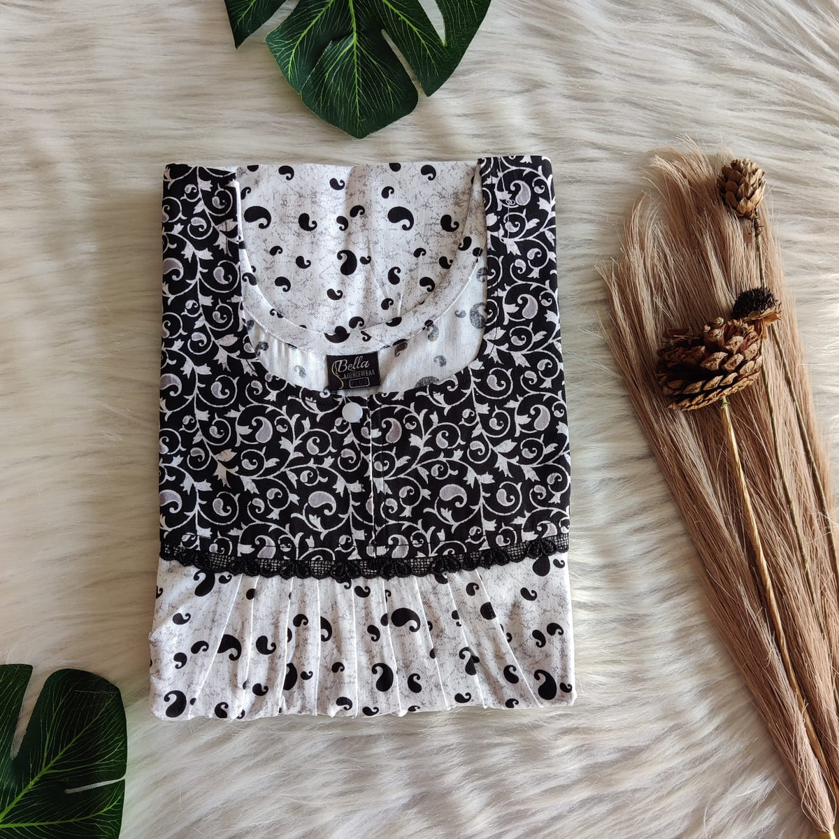 Black And White Printed Premium Cotton Lace Nighty | Free Size | Chest Width 44″| Length 54″-56″