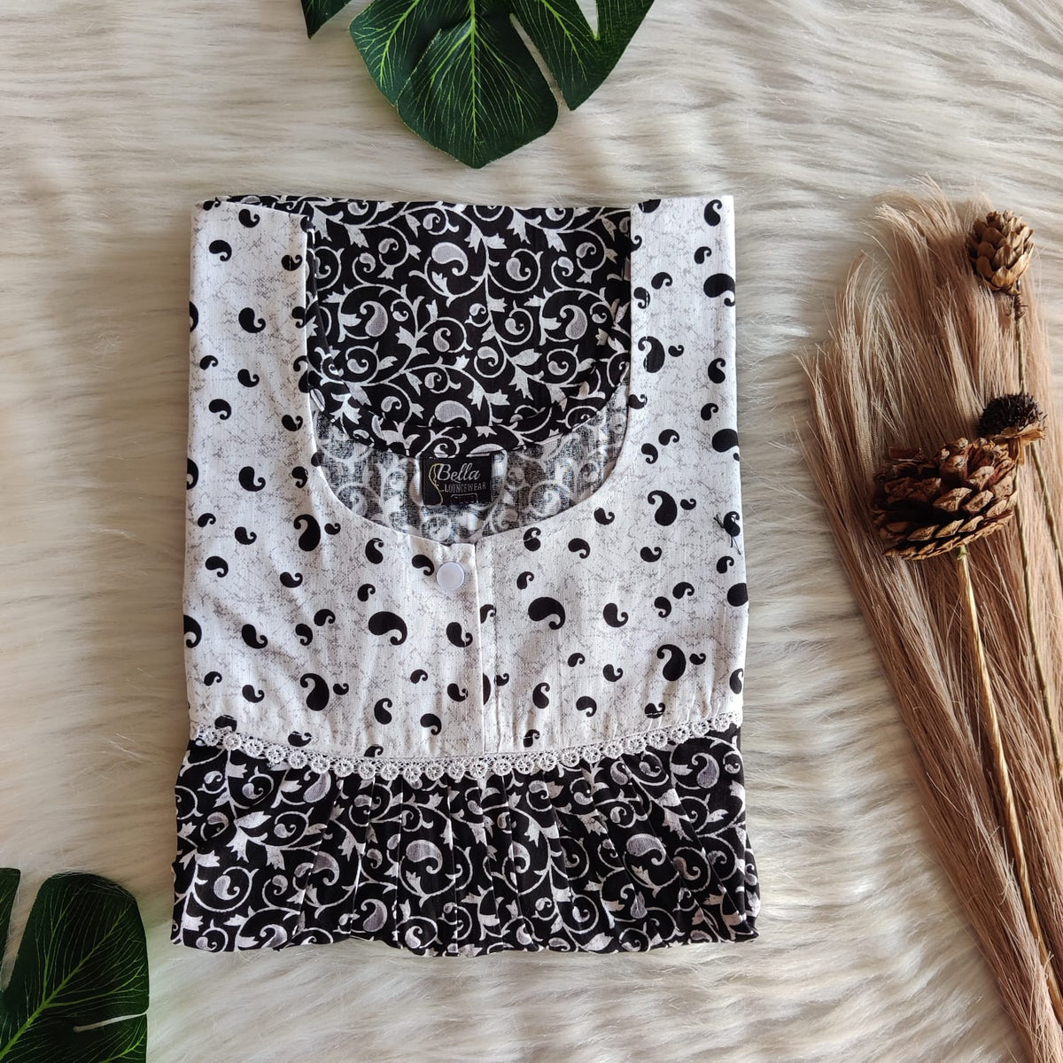 White And Black Printed Premium Cotton Lace Nighty | Free Size | Chest Width 44″| Length 54″-56″