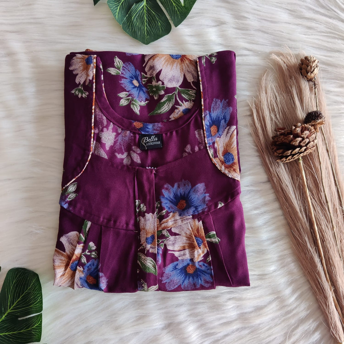 Wine Floral Printed Alfine 60 Inch Length Pleated Zip Nighty | Free Size | Chest Width 44″|