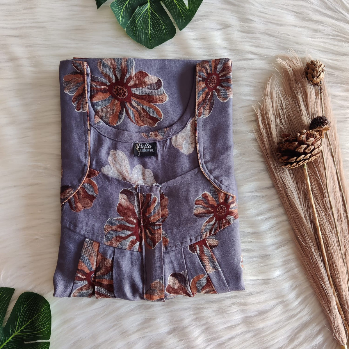 Grey And Brown Floral Printed Alfine Pleated Zip Nighty | Free Size | Chest Width 44″| Length 54″-55″