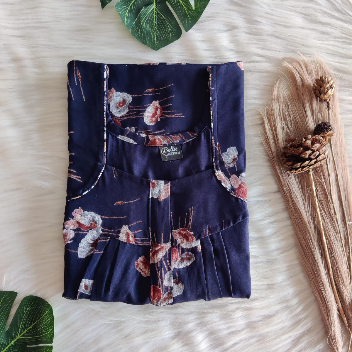 Navy Blue Printed Alfine Pleated Zip Nighty | Free Size | Chest Width 44″| Length 54″-55″