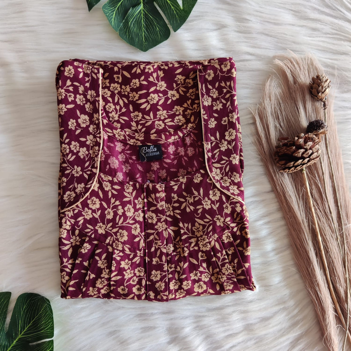 Maroon And Cream Floral Printed Alfine Pleated Zip Nighty | Free Size | Chest Width 44″| Length 54″-55″