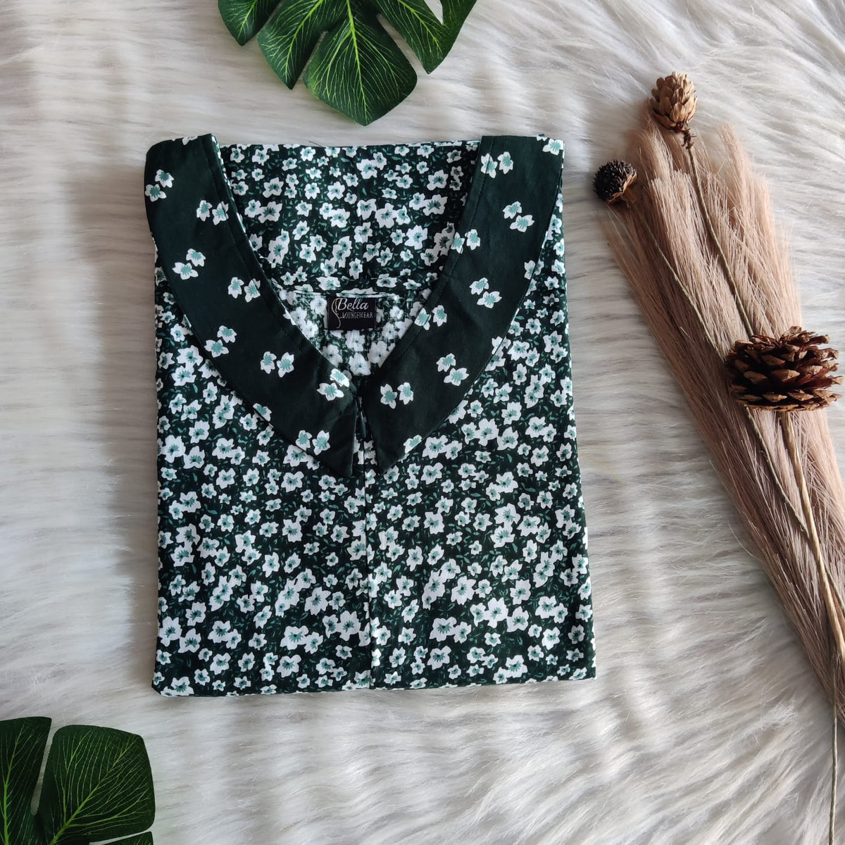 Green And White Floral Printed Premium Cotton Peter Pan Collar Long Zip Feeding Nighty | Free Size | Chest Width 44″| Length 56″