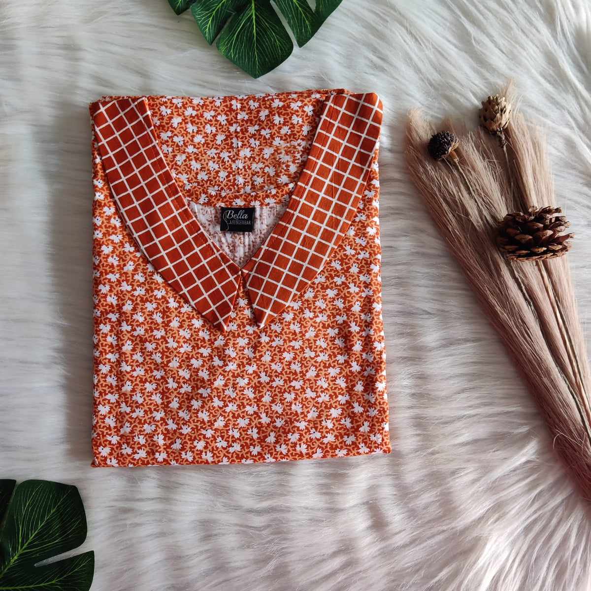 Orange And White Floral Printed Premium Cotton Peter Pan Collar Nighty | Free Size | Chest Width 44″| Length 55″-56″
