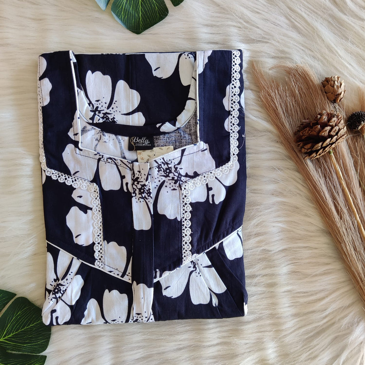 Navy- Blue And White Floral Printed Premium Cotton Long Zip Lace Feeding Nighty | Free Size | Chest Width 44″| Length 56″