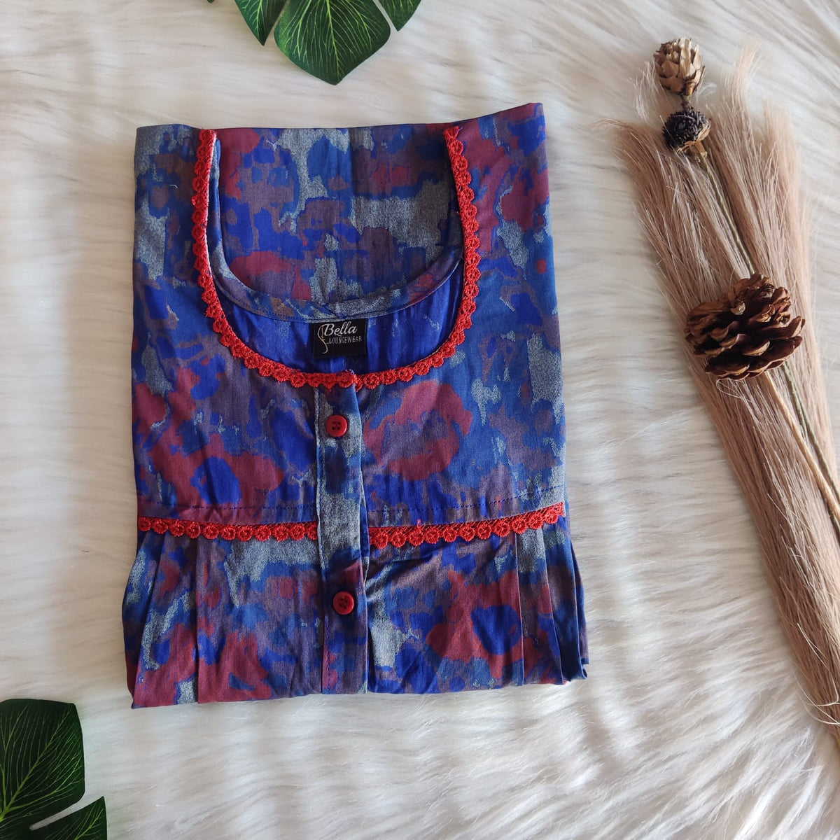 Blue And Maroon Printed Discharge Cotton Lace Button Nighty | Free Size | Chest Width 44"| Length 54"-56"