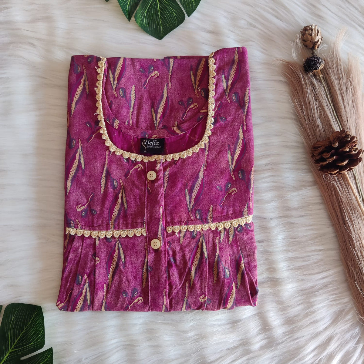 Pink And Cream Printed Discharge Cotton Lace Button Nighty | Free Size | Chest Width 44"| Length 54"-56"