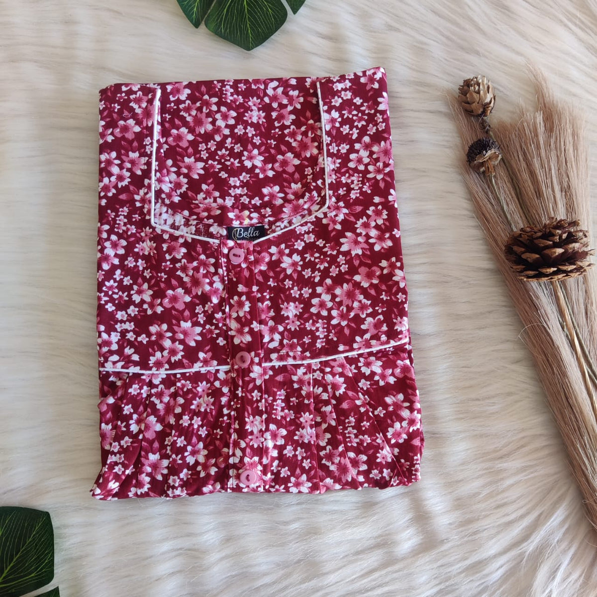 Maroon And White Floral Printed Premium Cotton Button Zip Nighty | Free Size | Chest Width 44″| Length 55″-56″