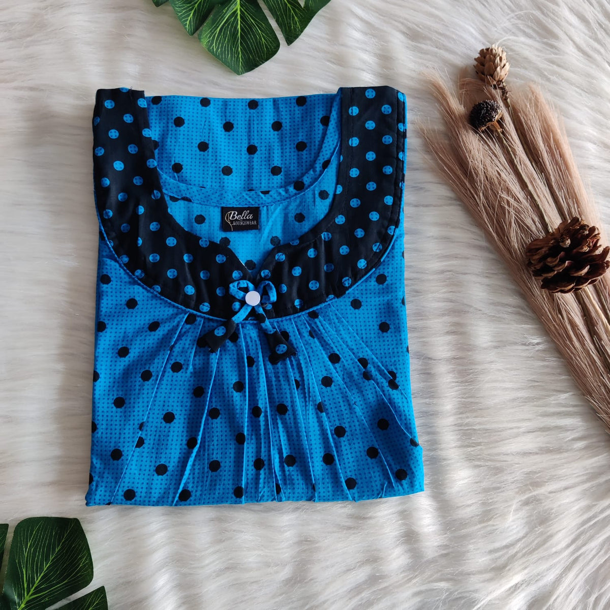 Black And Blue Printed Premium Cotton No Zip Pleated Nighty | Free Size | Chest Width 44″| Length 55″-56″