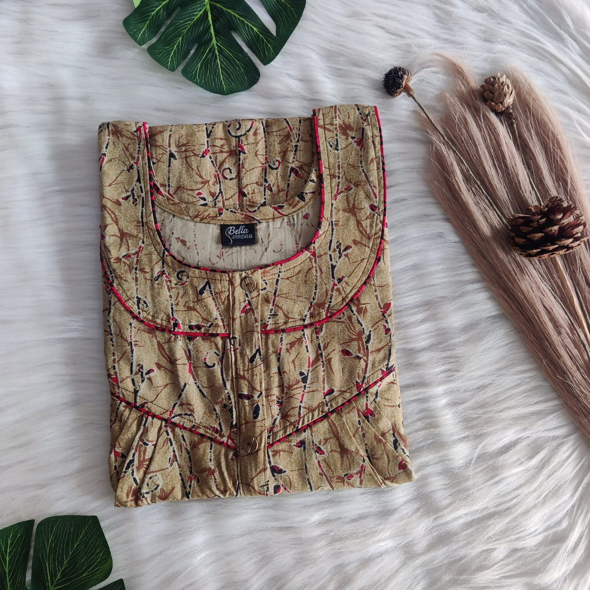 Brown Printed Premium Cotton Long Zip Pleated Nighty | Chest Width 44″ | Length 56″