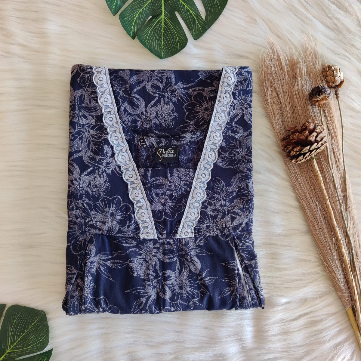 Navy-Blue Floral Printed Discharge Cotton Two Side Vertical Lace Zip Feeding Nighty | Free Size | Chest Width 44″| Length 56″
