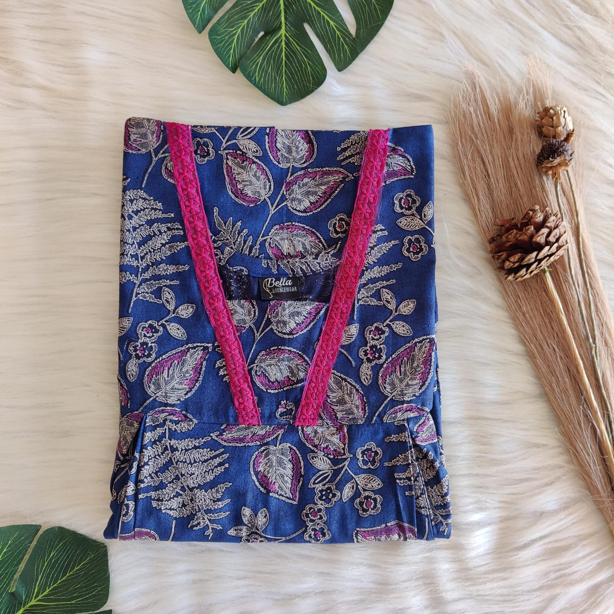 Blue And Pink Leaf Printed Discharge Cotton Two Side Vertical Lace Zip Feeding Nighty | Free Size | Chest Width 44″| Length 56″