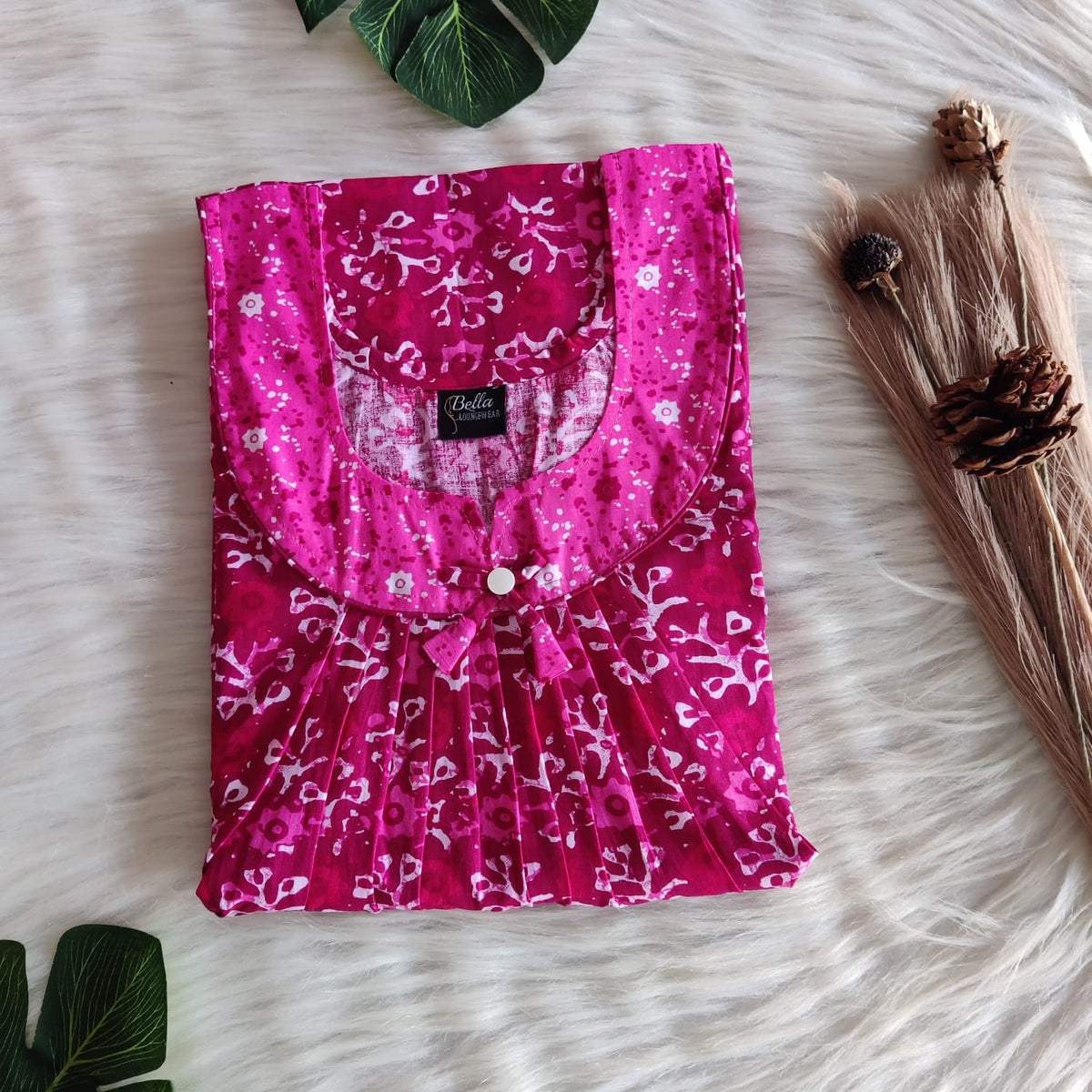Pale And Dark Pink Floral Printed Premium Cotton No Zip Pleated Nighty | Free Size | Chest Width 44″| Length 55″-56″